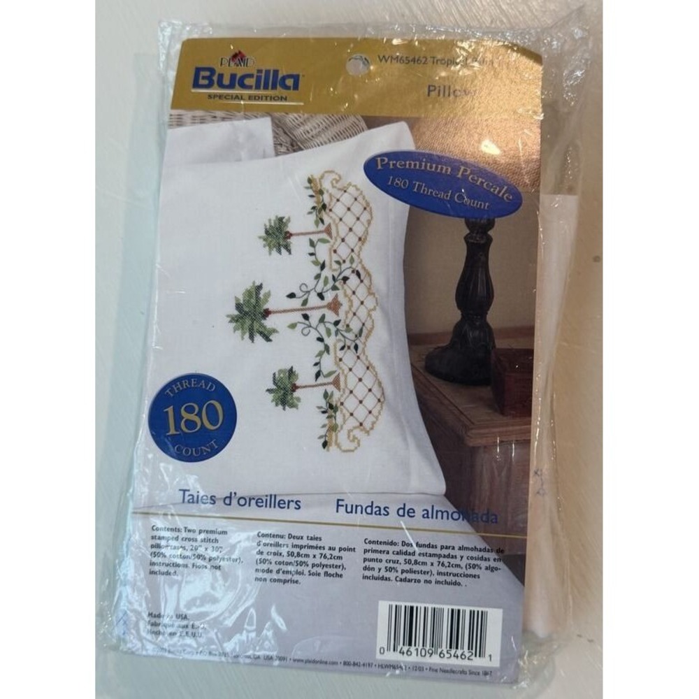 Plaid Bucilla Special Edition Tropical Palm Trees Pillowcases Percale Stitch Kit
